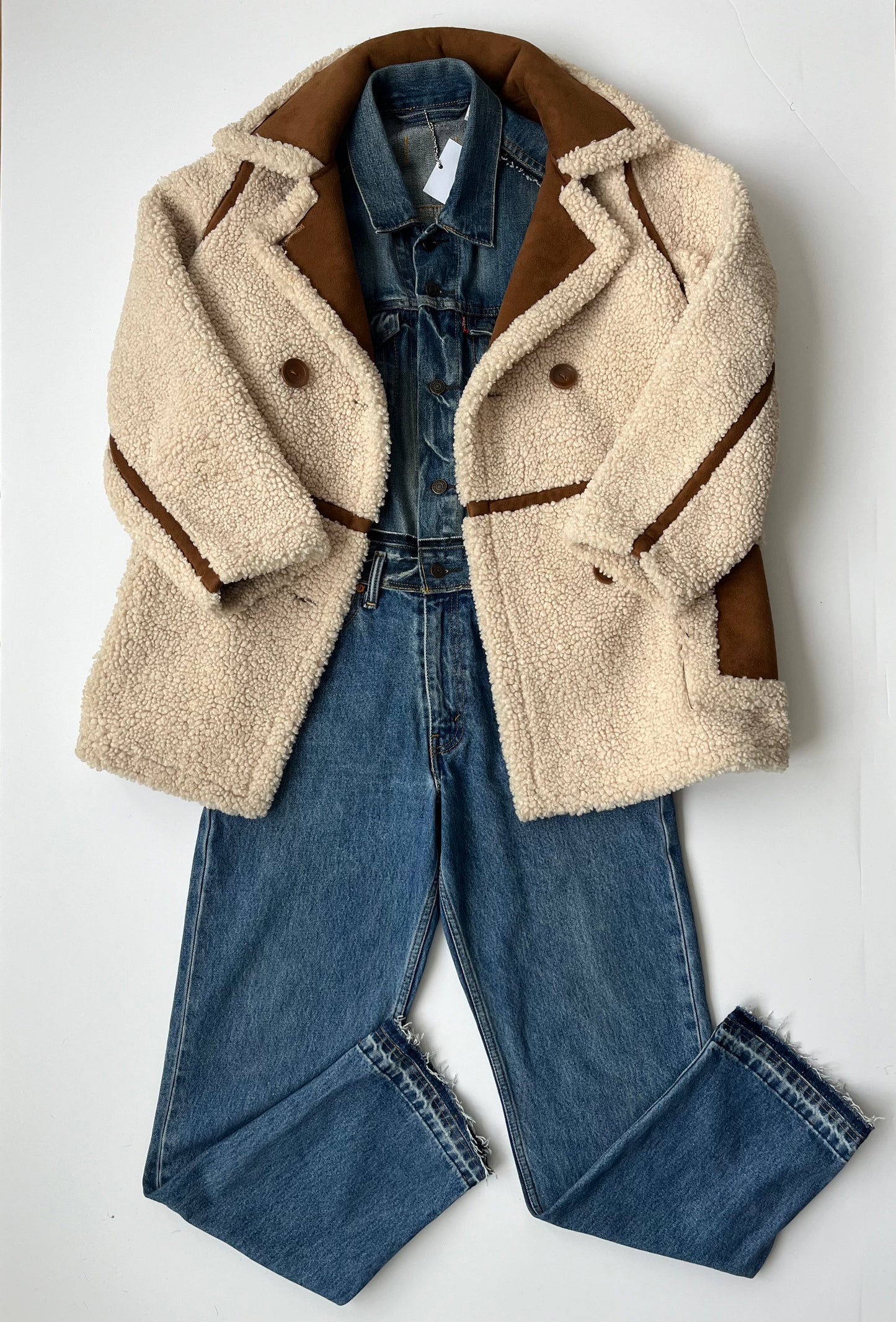 Stand Studio Ecru Faux Sheepskin Tan Suede Trim Coat