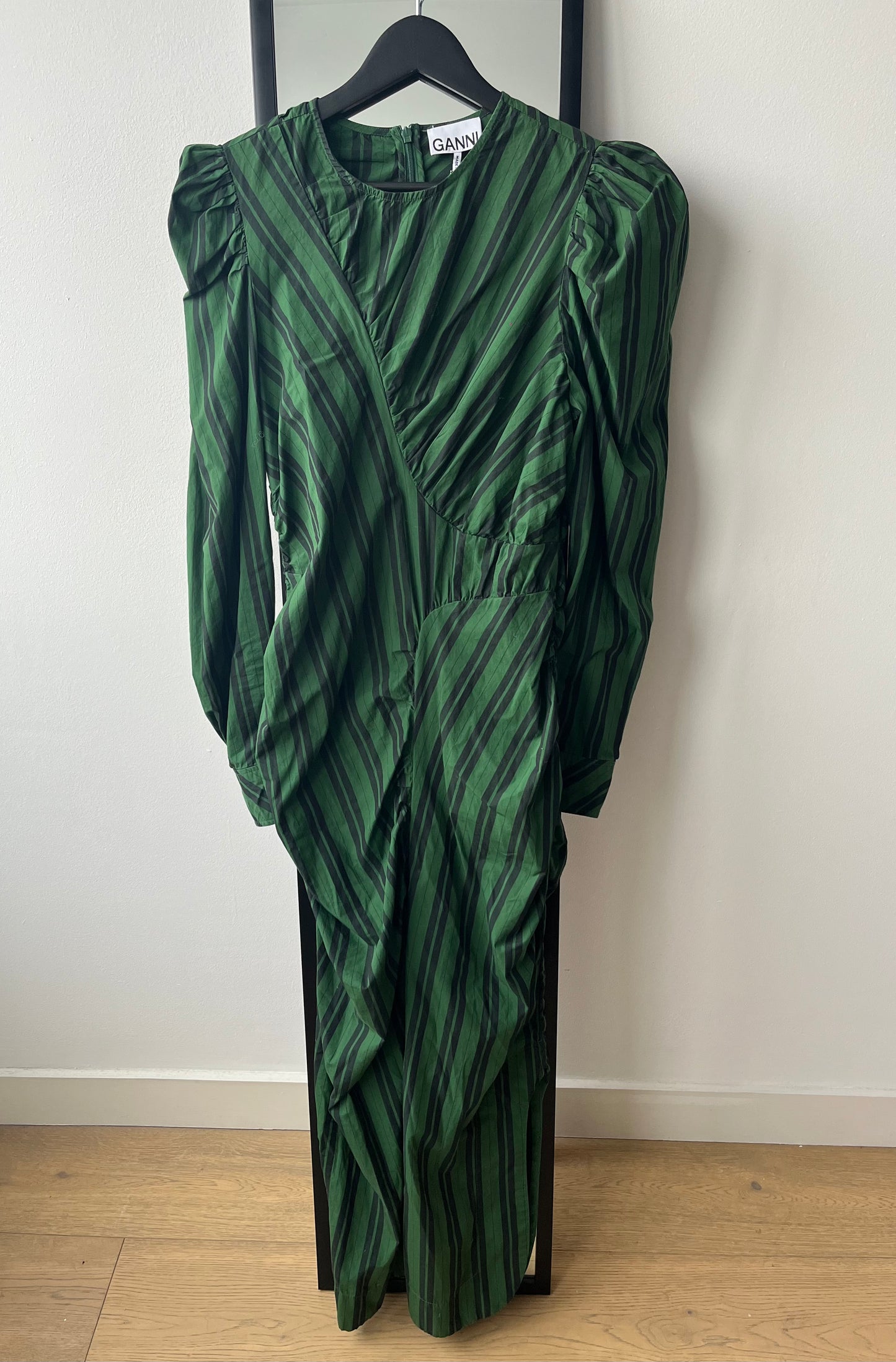 Ganni Green Striped Ruche Midi Dress