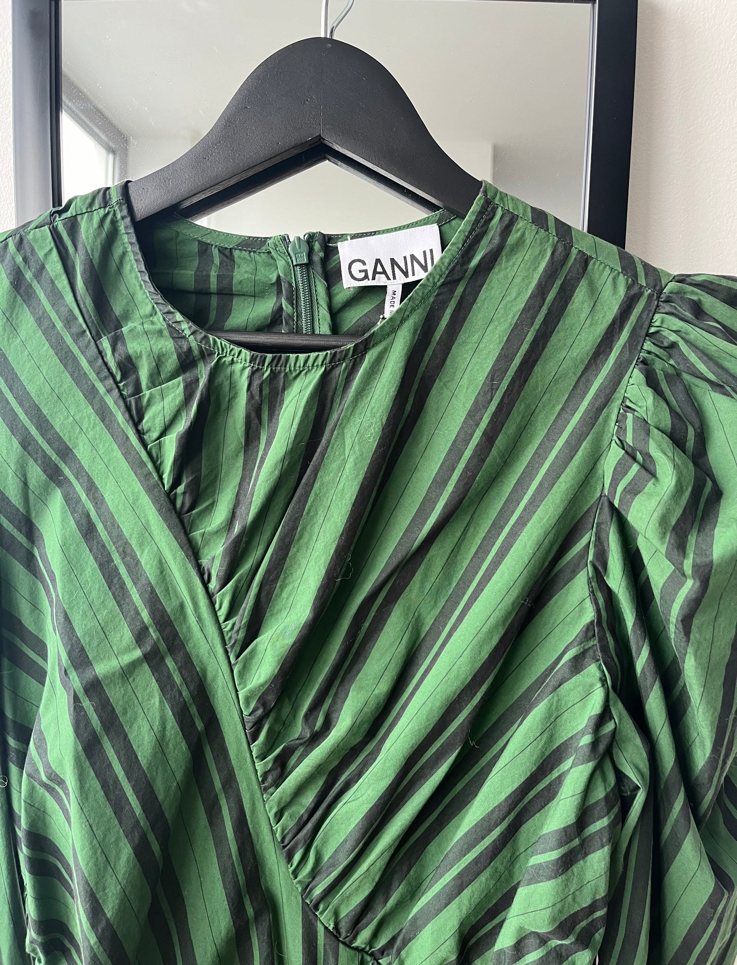 Ganni Green Striped Ruche Midi Dress