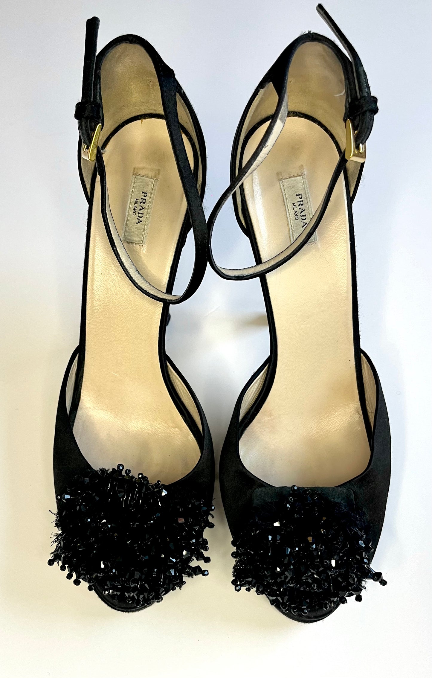 Prada Black Satin Beaded Embellished Stiletto Sandal
