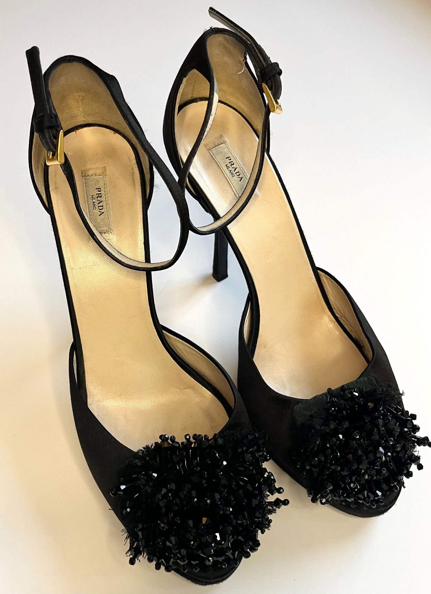 Prada Black Satin Beaded Embellished Stiletto Sandal