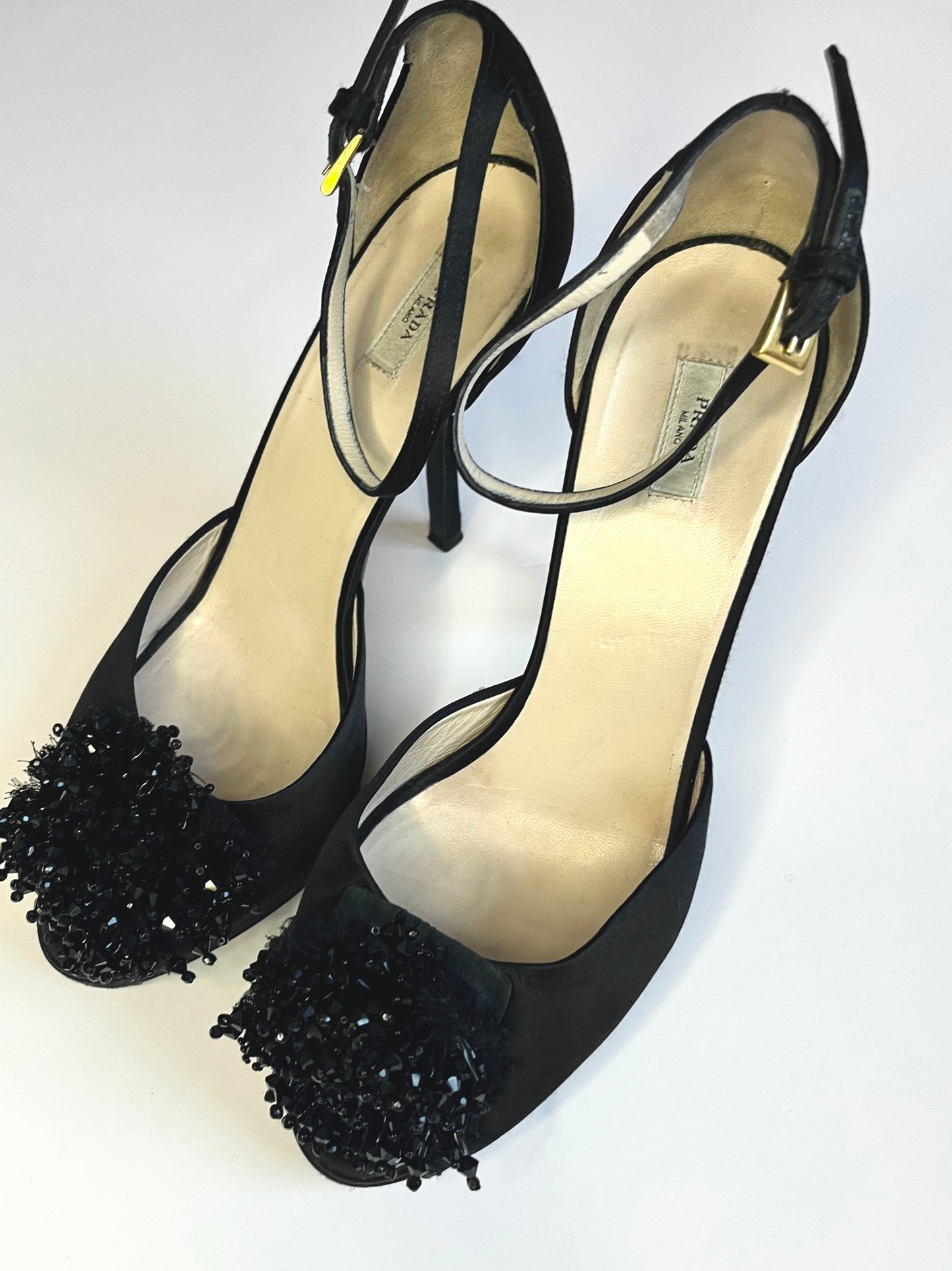 Prada Black Satin Beaded Embellished Stiletto Sandal