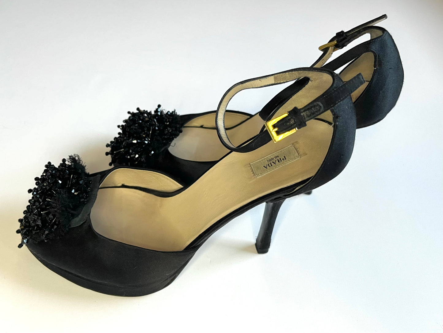 Prada Black Satin Beaded Embellished Stiletto Sandal