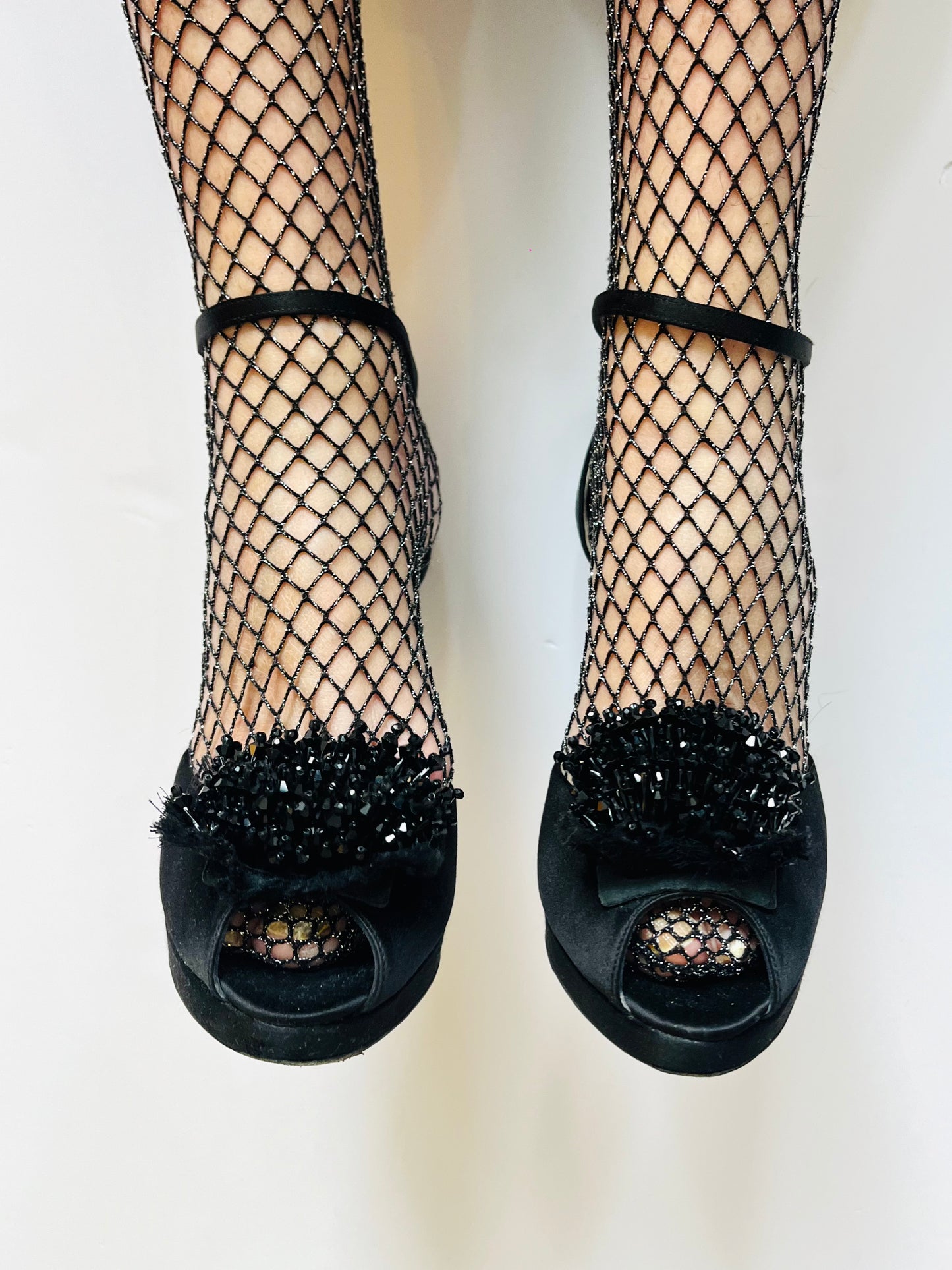 Prada Black Satin Beaded Embellished Stiletto Sandal