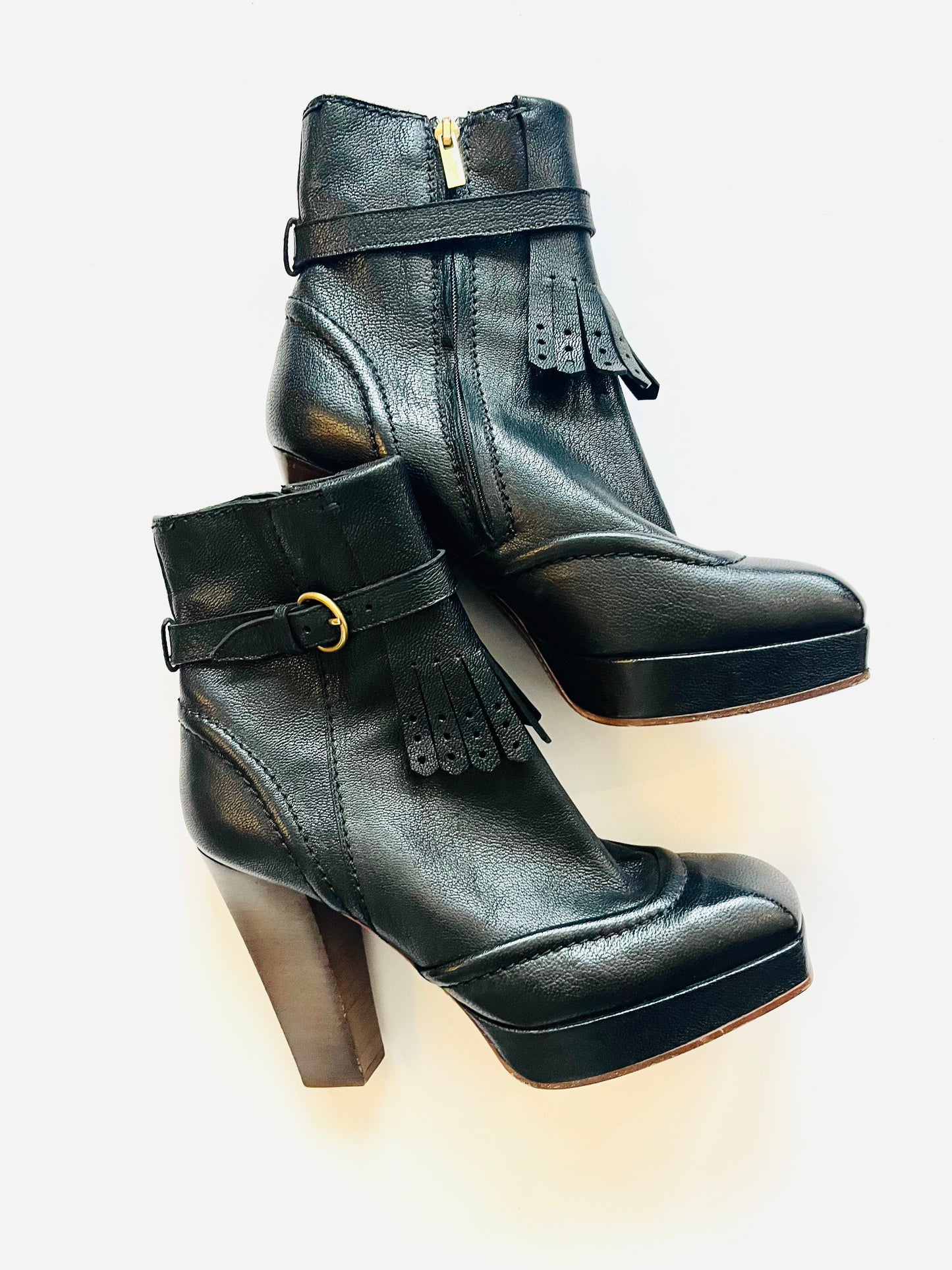 Yves Saint Laurent Vintage Brogue Style Platform Black Ankle Boot