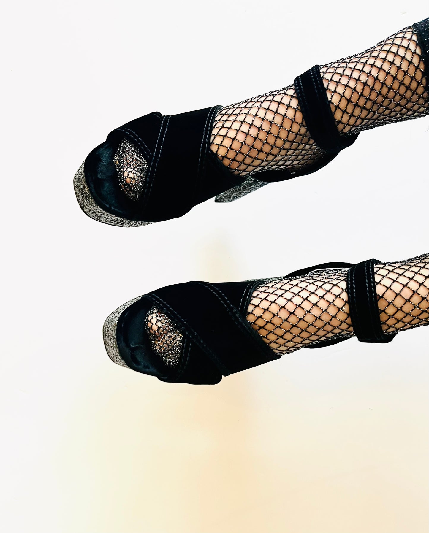 Miu Miu Black Velvet Glitter Platform Sandal.