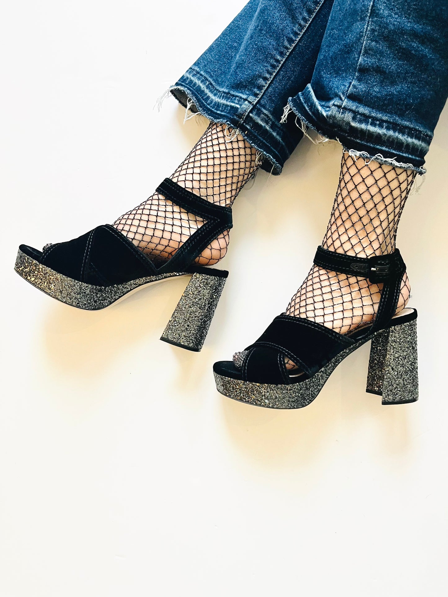 Miu Miu Black Velvet Glitter Platform Sandal.