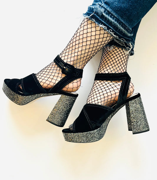 Miu Miu Black Velvet Glitter Platform Sandal