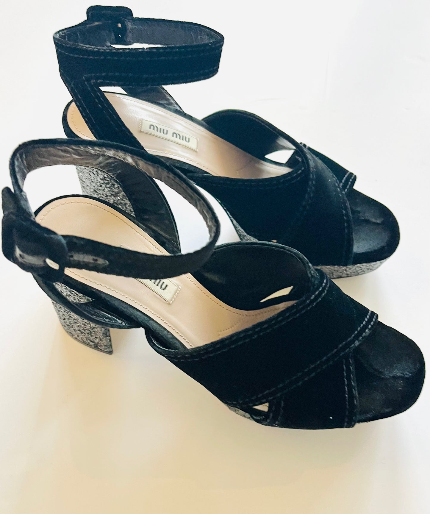 Miu Miu Black Velvet Glitter Platform Sandal.