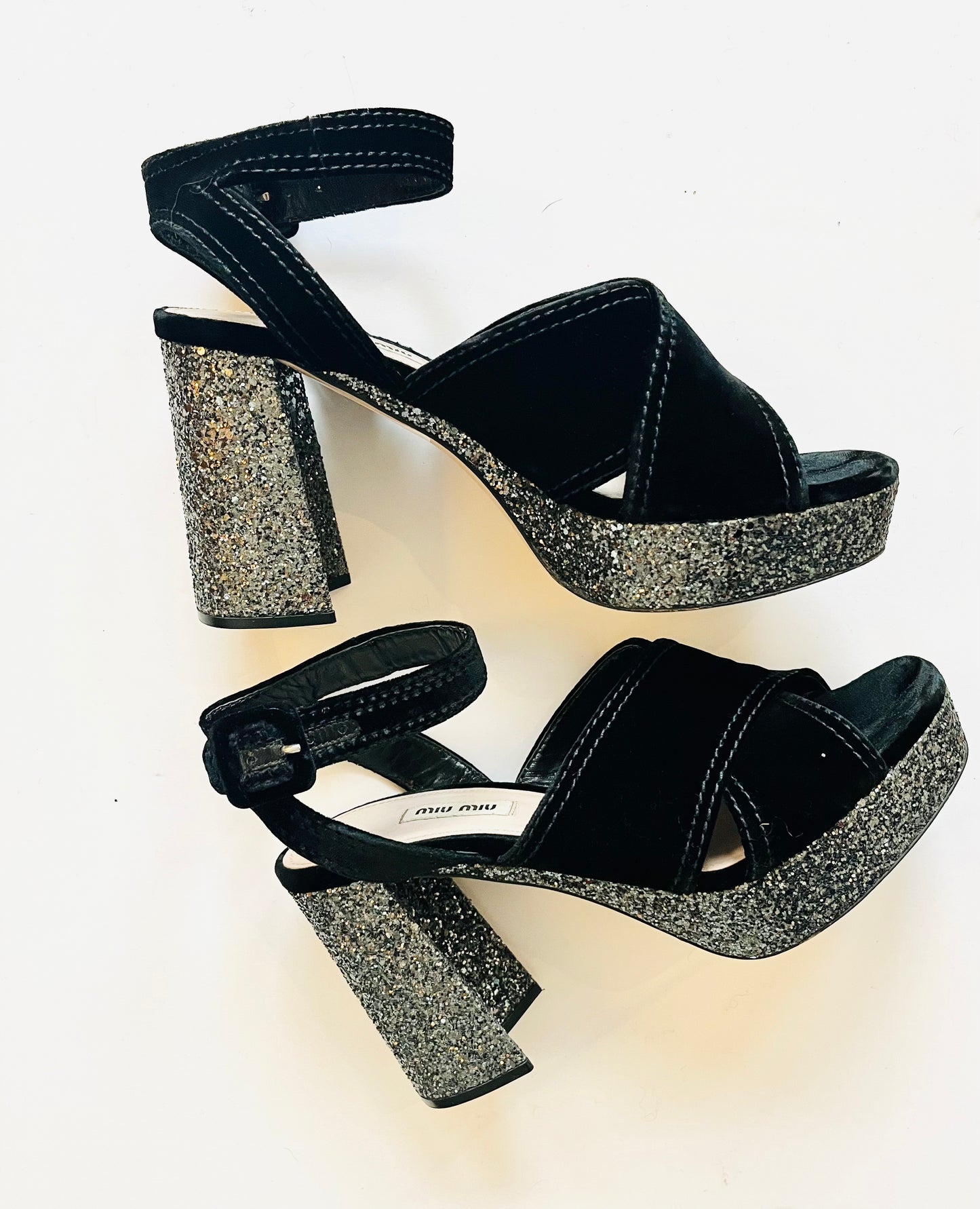 Miu Miu Black Velvet Glitter Platform Sandal.
