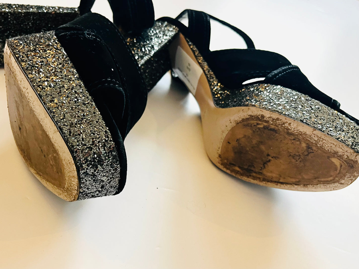 Miu Miu Black Velvet Glitter Platform Sandal.