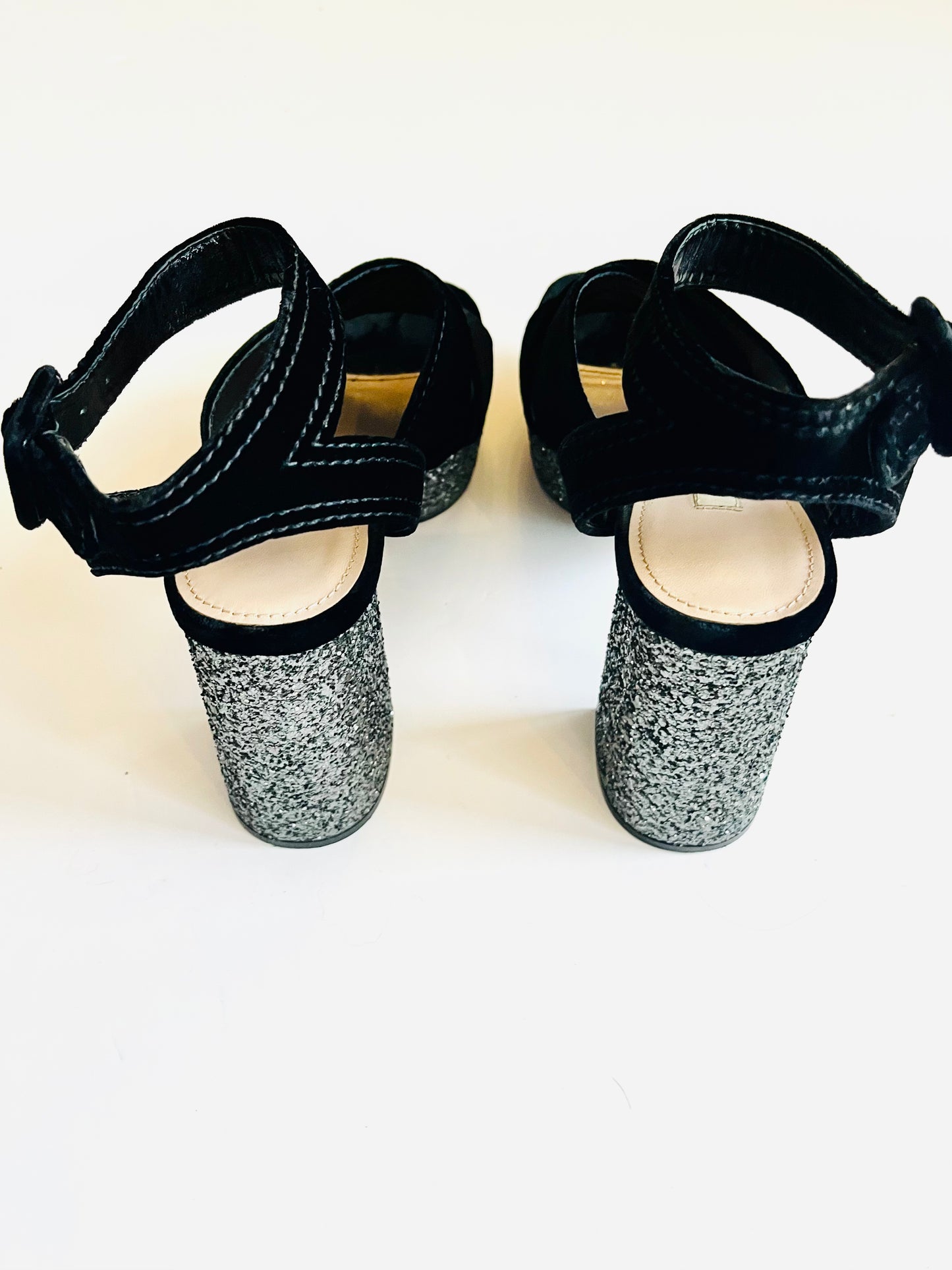 Miu Miu Black Velvet Glitter Platform Sandal.