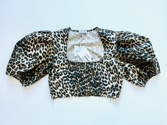 Ganni leopard print zip front cropped top
