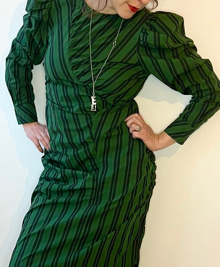 Ganni Green Striped Ruche Midi Dress Ganni Green Striped Ruche Midi Dress