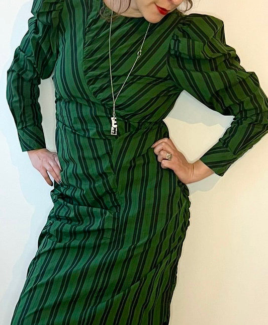 Ganni Green Striped Ruche Midi Dress