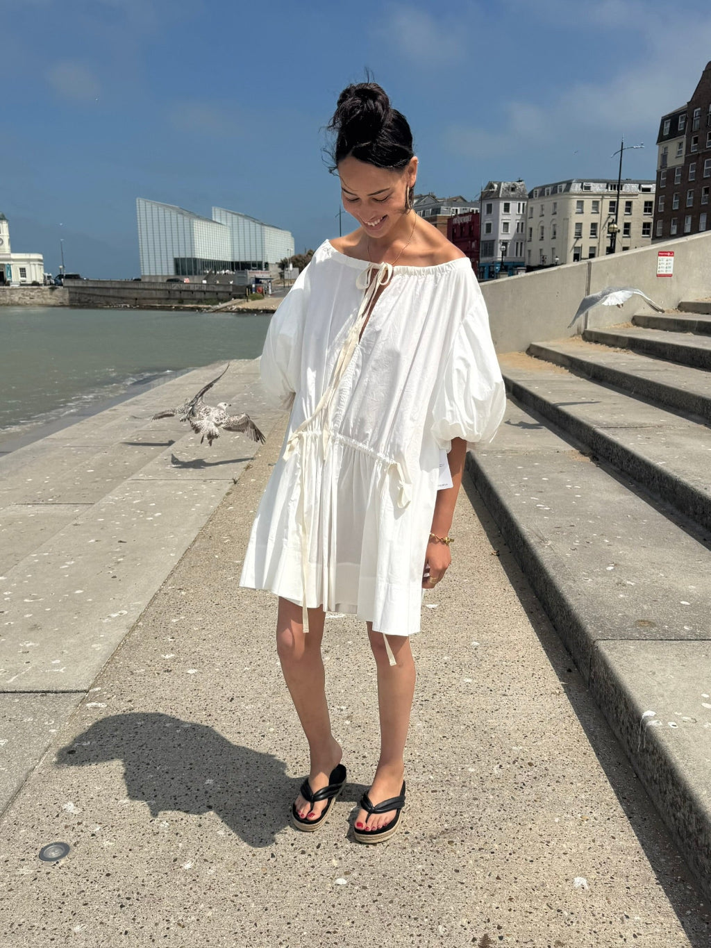 Lee Matthews White Cotten Voluminous Sleeve A Line Dress