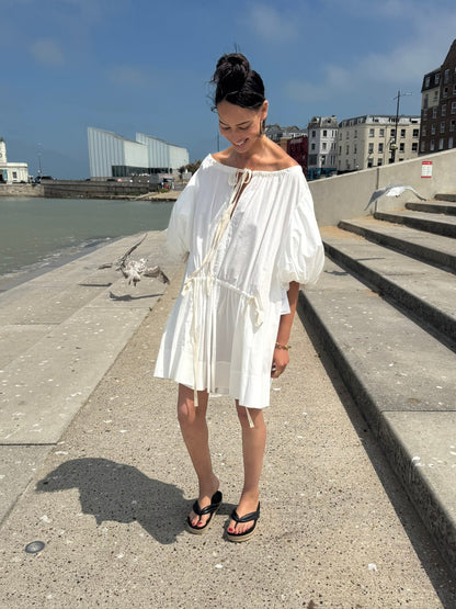 Lee Matthews White Cotten Voluminous Sleeve A Line Dress