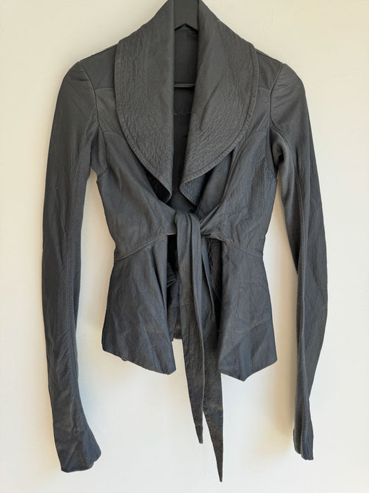 Rick Owen Vintage tie front leather/jersey mix tie front jacket Y2K