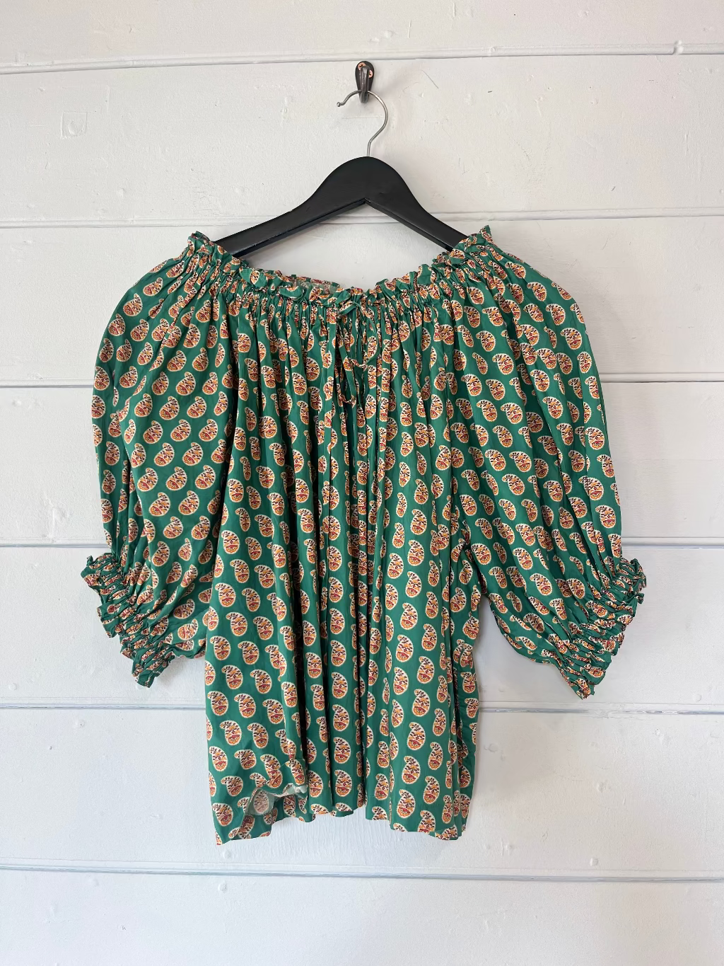 Doen green paisley cotton shirred top