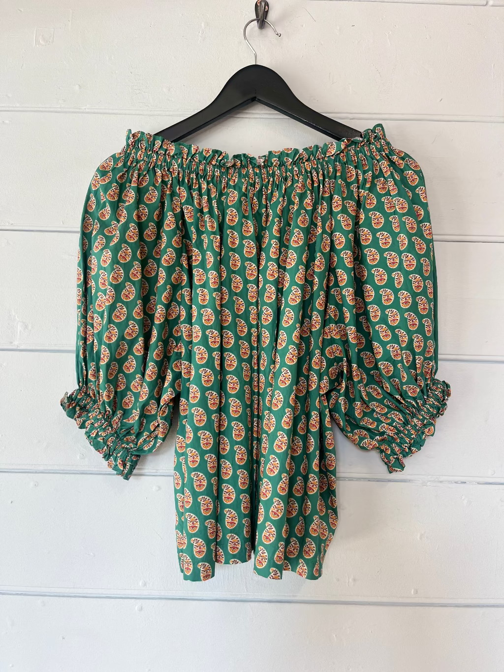 Doen green paisley cotton shirred top