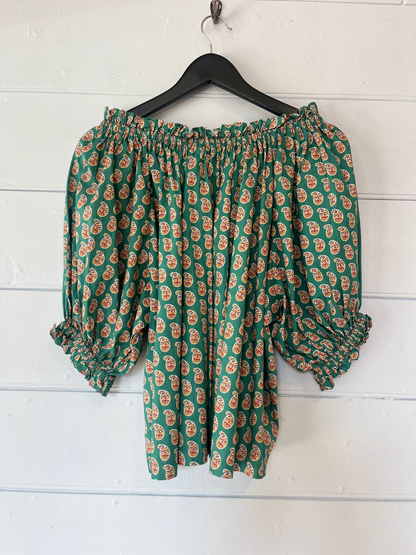 Doen green paisley cotton shirred top
