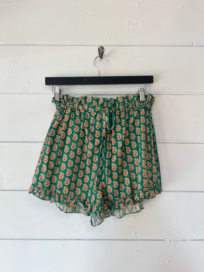 Doen green paisley cotton shirred shorts