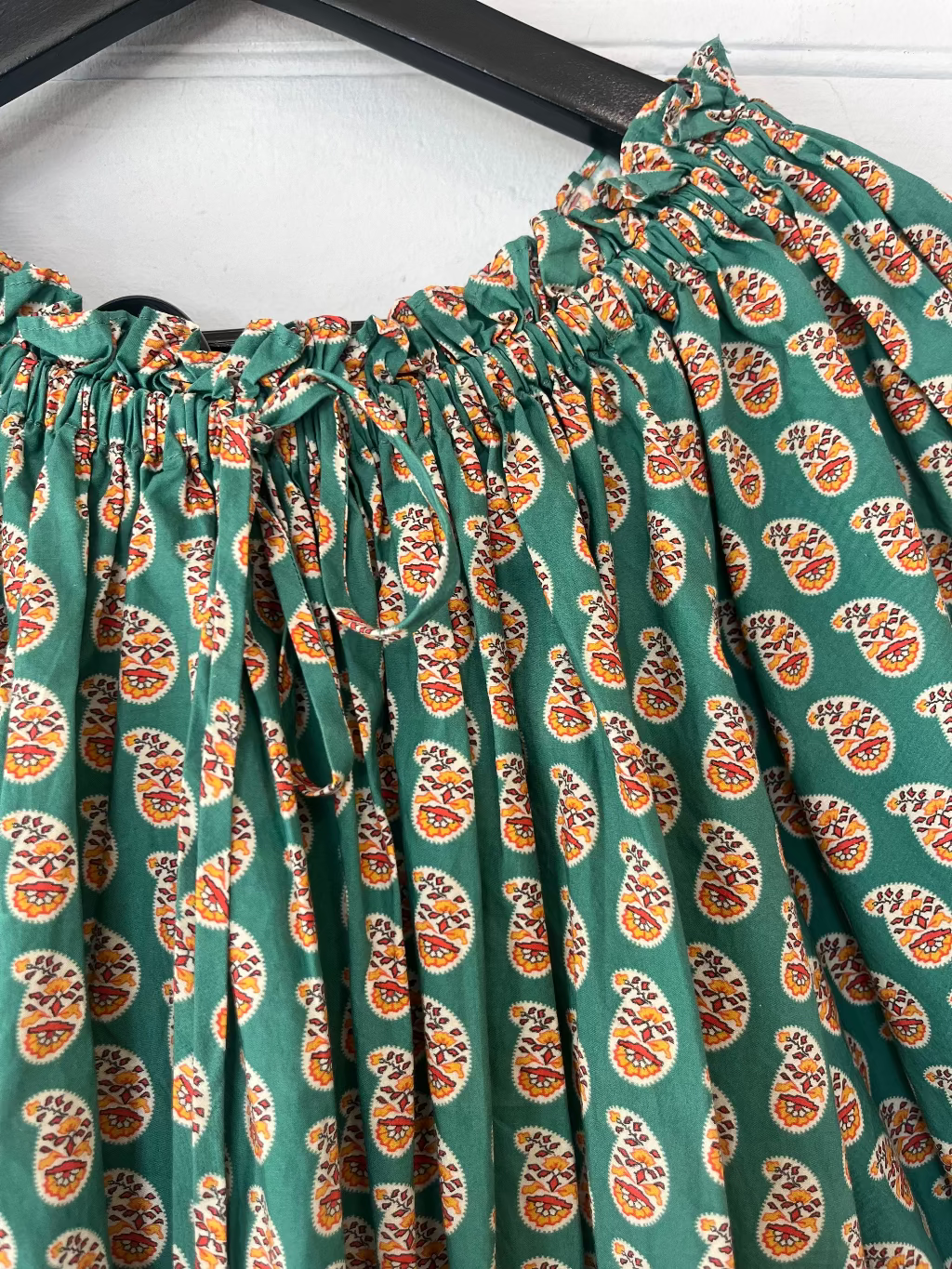Doen green paisley cotton shirred top