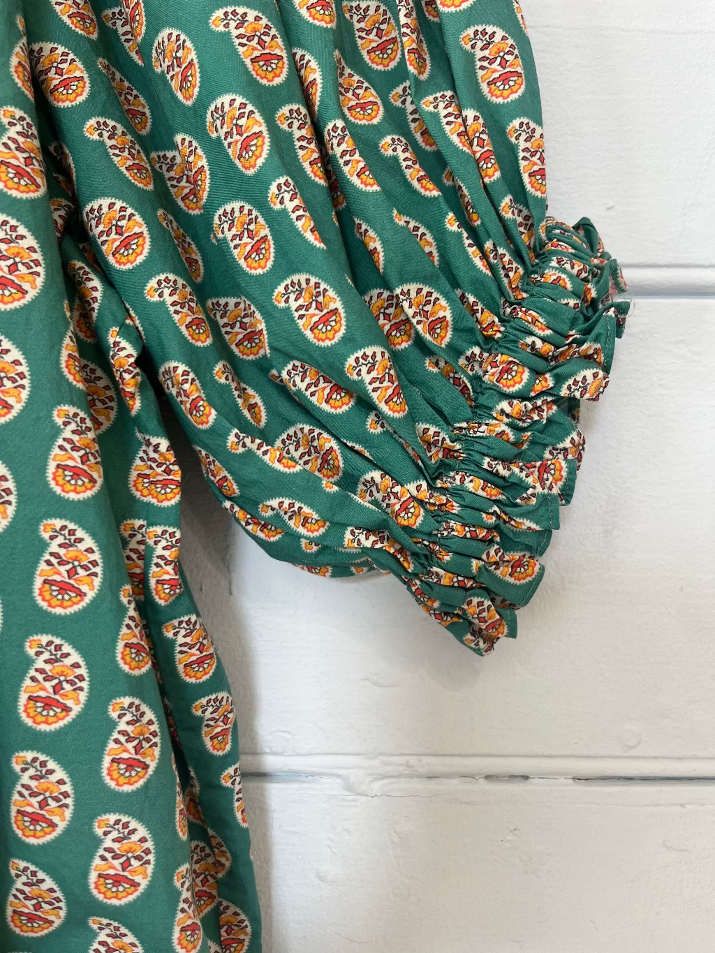 Doen green paisley cotton shirred top
