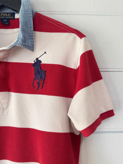 Earl Grey Ralph Lauren Red/White Chambray Denim Collar Polo Top