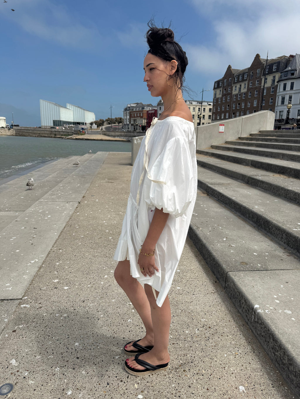 Lee Matthews White Cotten Voluminous Sleeve A Line Dress