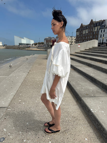 Lee Matthews White Cotten Voluminous Sleeve A Line Dress
