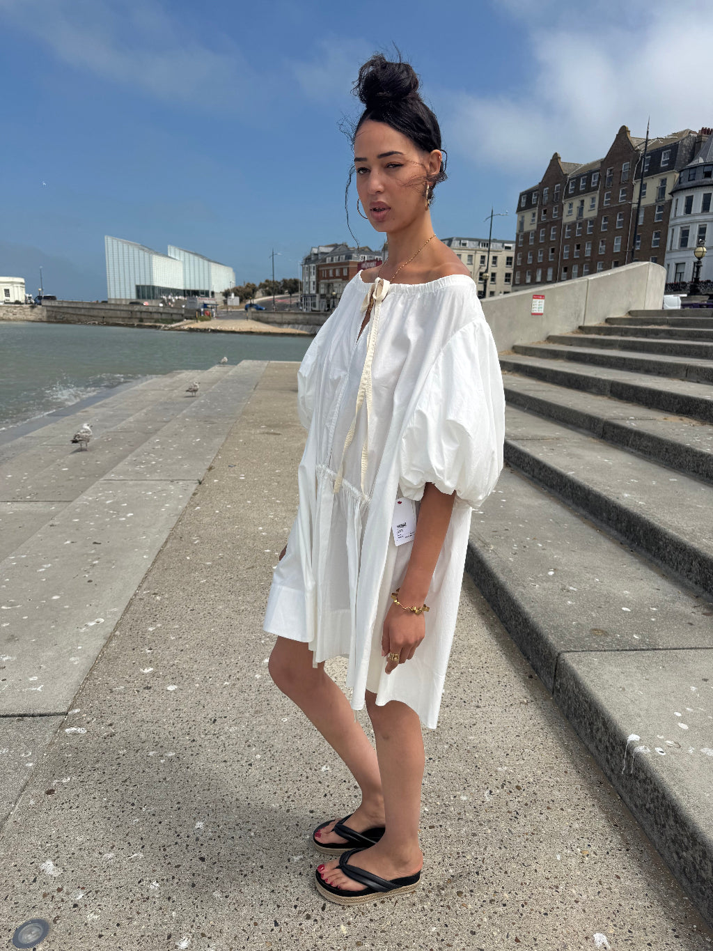 Lee Matthews White Cotten Voluminous Sleeve A Line Dress