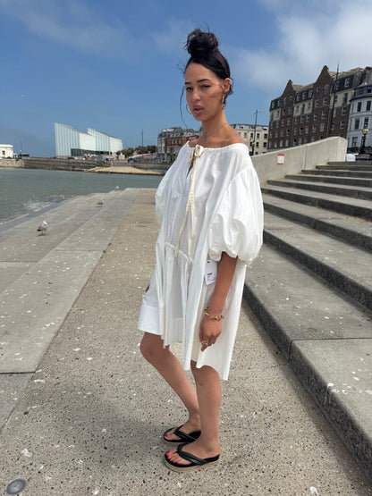 Lee Matthews White Cotten Voluminous Sleeve A Line Dress