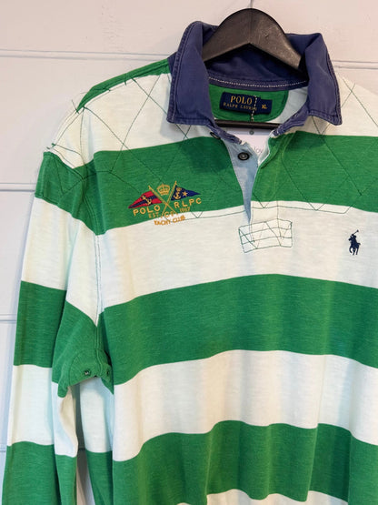 Earl Upcycled Grn/Wht rugby Shirt, blue canvas collar