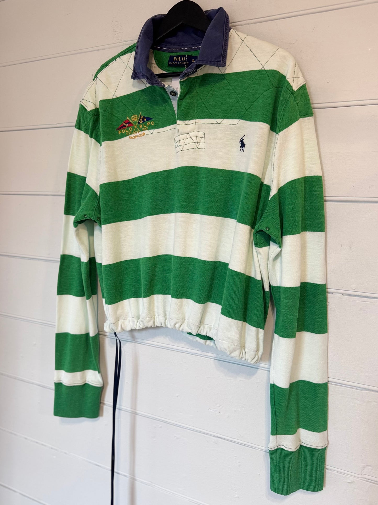 Earl Upcycled Grn/Wht rugby Shirt, blue canvas collar