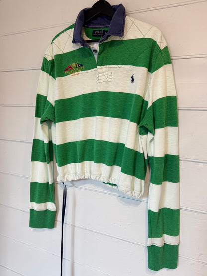 Earl Upcycled Grn/Wht rugby Shirt, blue canvas collar