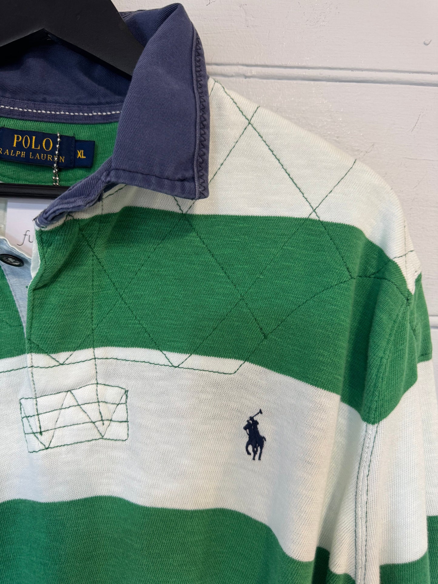Earl Upcycled Grn/Wht rugby Shirt, blue canvas collar