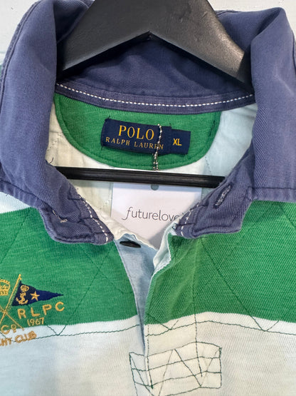 Earl Upcycled Grn/Wht rugby Shirt, blue canvas collar