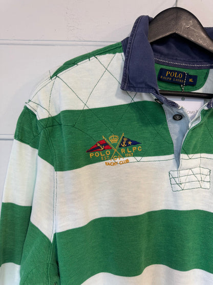Earl Upcycled Grn/Wht rugby Shirt, blue canvas collar