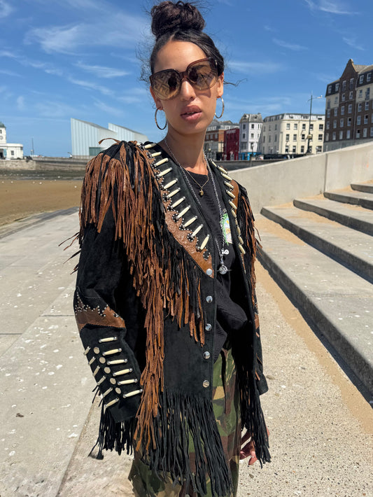 Vintage Black Suede Bead Jacket