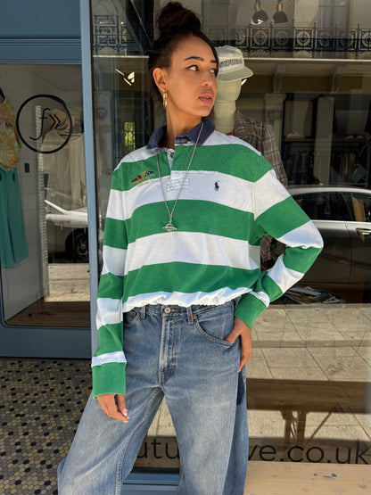 Earl Upcycled Grn/Wht rugby Shirt, blue canvas collar