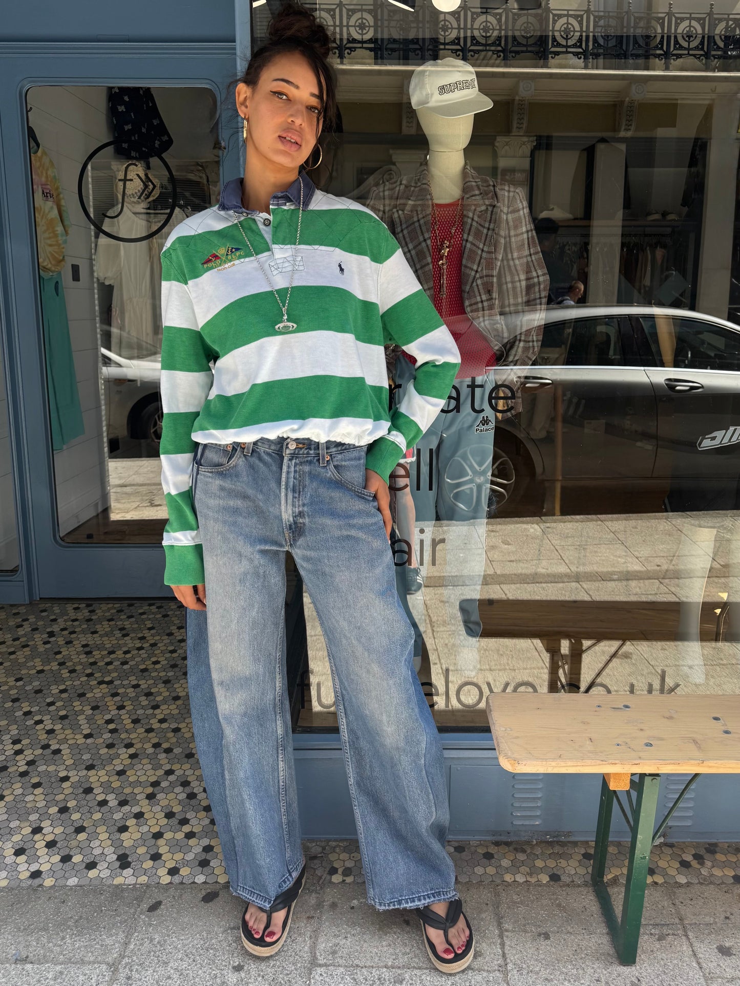Earl Upcycled Grn/Wht rugby Shirt, blue canvas collar