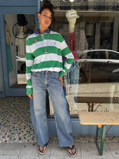 Earl Upcycled Grn/Wht rugby Shirt, blue canvas collar