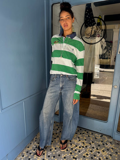 Earl Upcycled Grn/Wht rugby Shirt, blue canvas collar