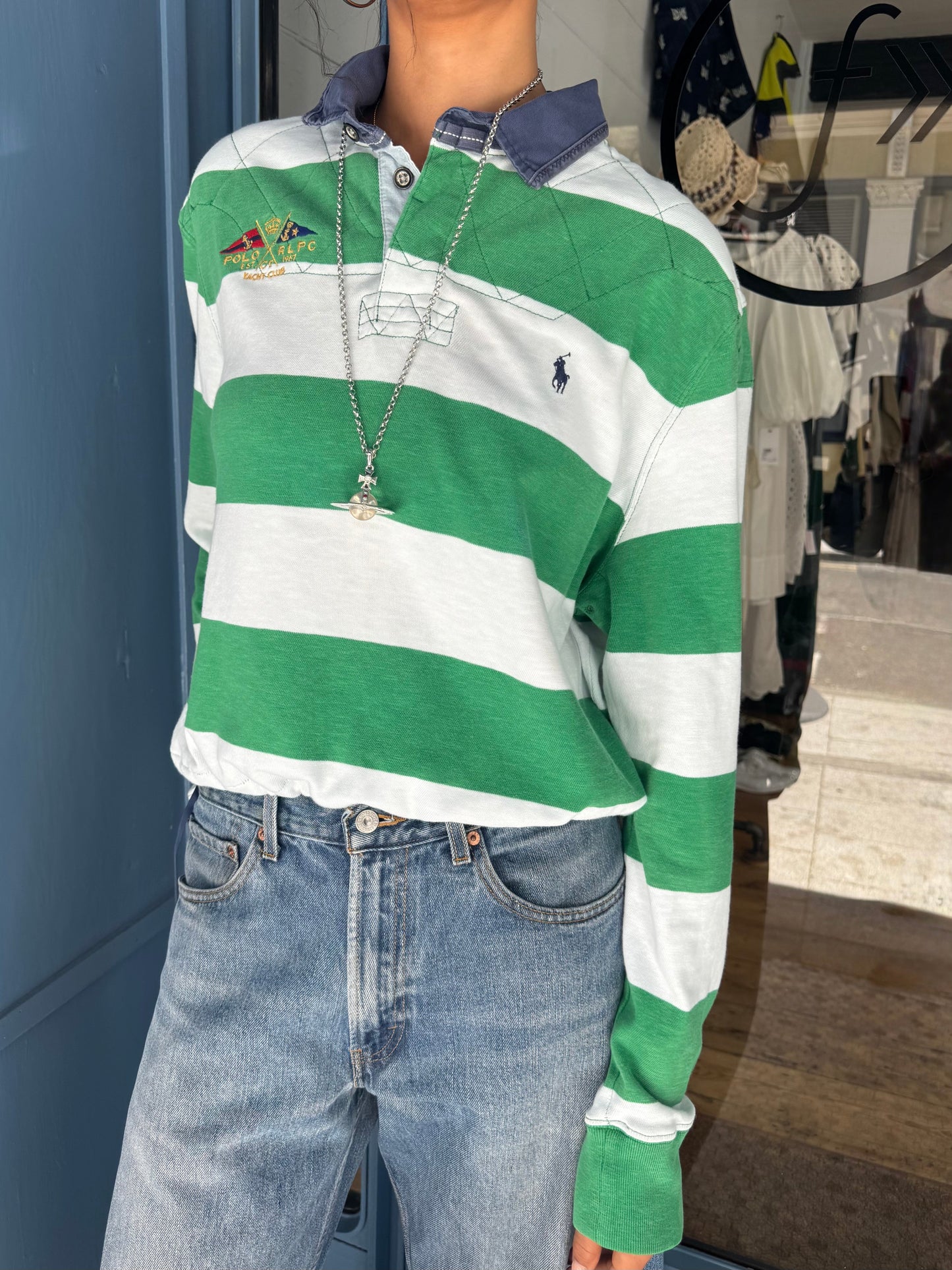 Earl Upcycled Grn/Wht rugby Shirt, blue canvas collar