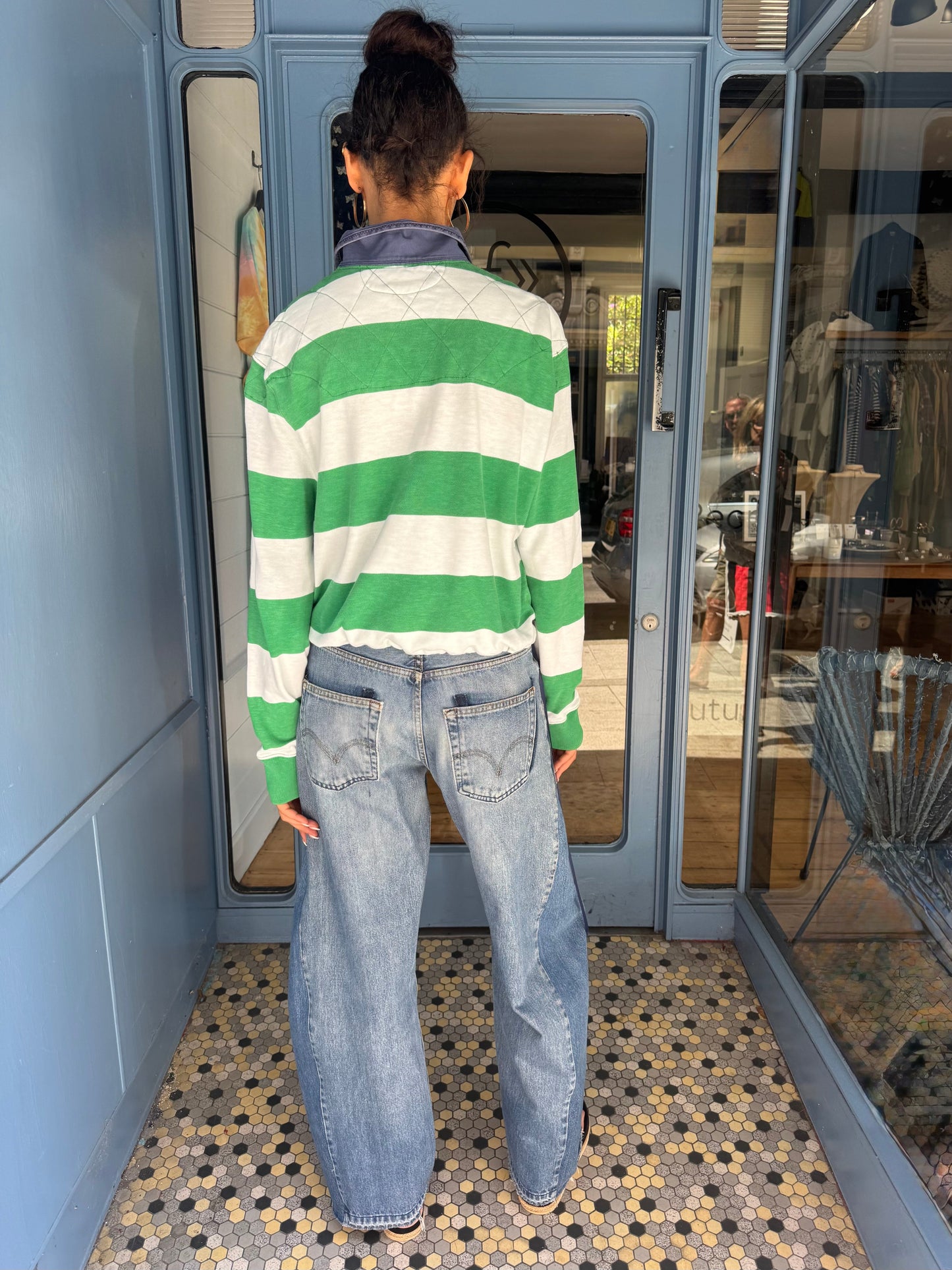 Earl Upcycled Grn/Wht rugby Shirt, blue canvas collar