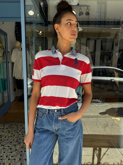 Earl Grey Ralph Lauren Red/White Chambray Denim Collar Polo Top