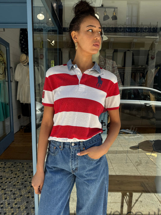Earl Grey Ralph Lauren Red/White Chambray Denim Collar Polo Top