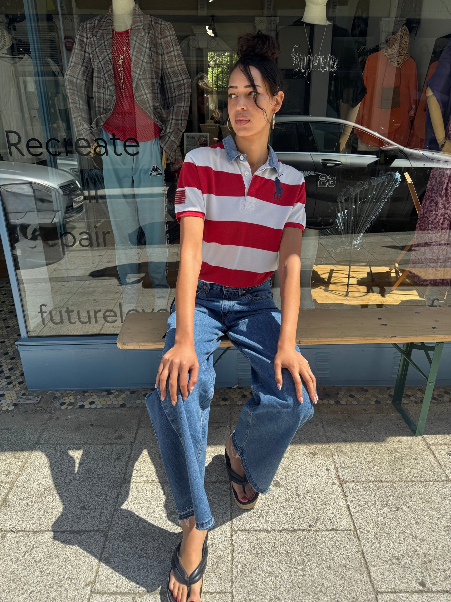 Earl Grey Ralph Lauren Red/White Chambray Denim Collar Polo Top