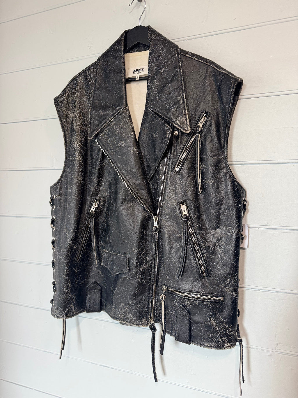 MM6 Maison Margeila black distressed leather gillet